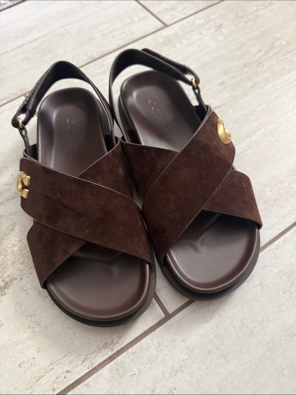 Coach Dark Brown Suede Crisscross Slingback Sandals with Gold Accents..6M